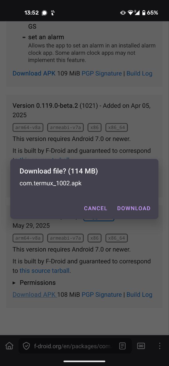 Termux installeren: download voltooid