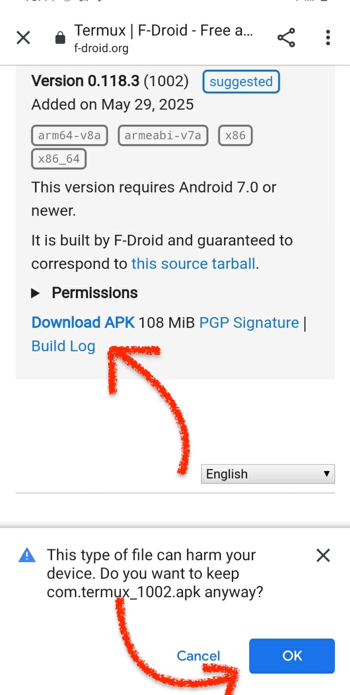 Termux APK downloaden, aanbevolen versie, klik op de blauwe tekst