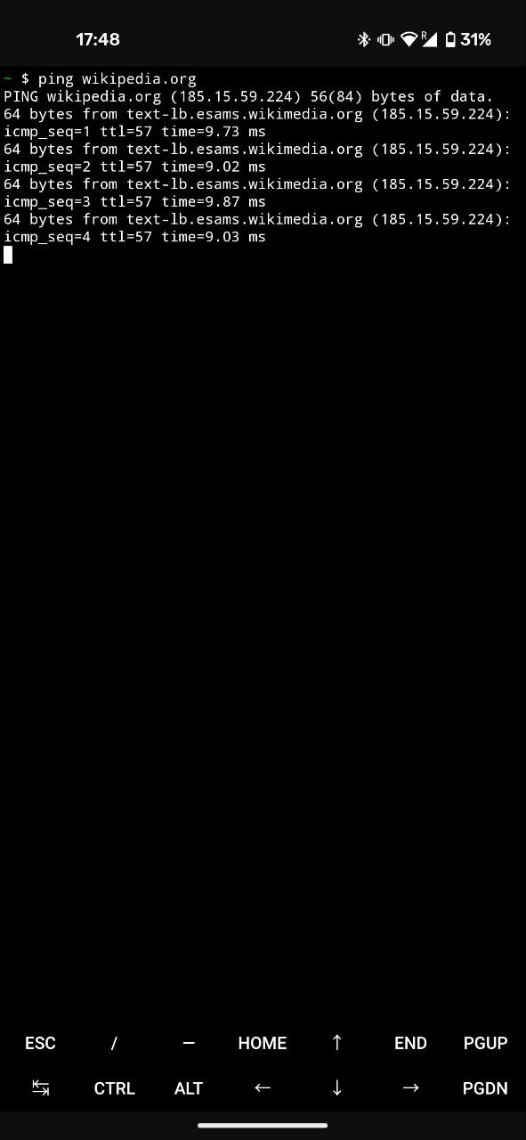 Screenshot van een telefoon met het ping-commando dat feedback van Wikipedia.org teruggeeft